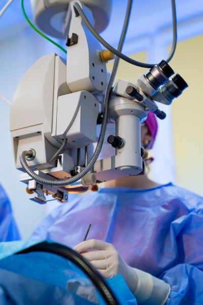 Cirurgiã está operando uma máquina de cirurgia robótica para reverter a catarata em paciente.