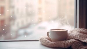 Uma xícara de bebida quente está em cima de uma manta rosa e frente a uma janela de vidro por onde se observa o inverno.