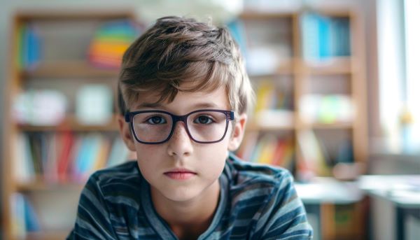 Menino de aproximadamente 10 anos, usando óculos de grau e vestindo uma camiseta listrada, está em uma biblioteca escolar.