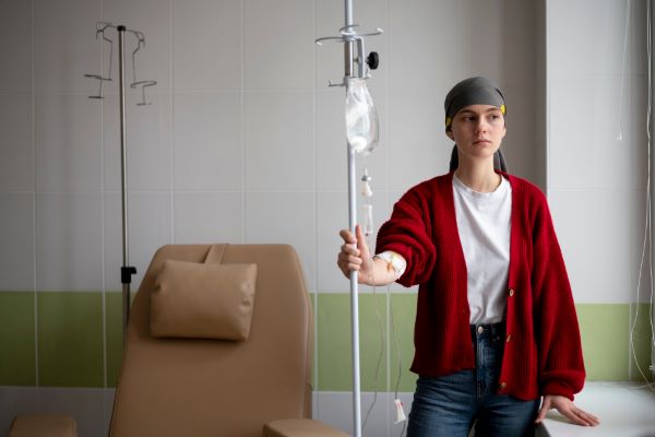 Mulher jovem, vestindo camiseta branca, jeans e casaco vermelho, segura um suporte no qual se encontra o soro com as substâncias para o tratamento por imunoterapia. Ela está em um quarto hospitalar, parada frente à janela.