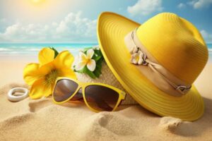 Na praia, sobre a areia, um chapéu, um par de óculos de sol amarelos, e flores amarela e branca. ao fundo , o mar azul. Conceito de verão e cuidados oculares básicos.