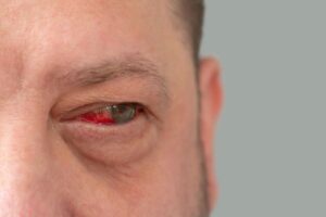 Close do olho de um homem que apresenta sangramento ocular.