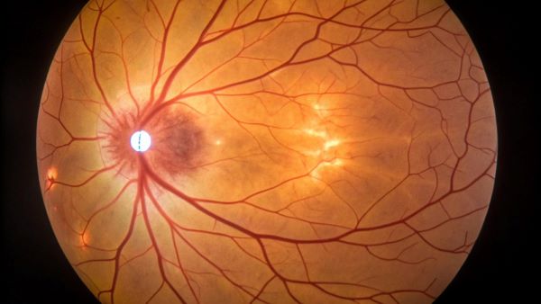 Imagem gerada por IA do fundo da retina humana normal.