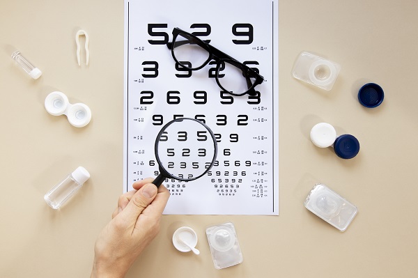 Sob uma bancada, cartela de teste oftalmológico, óculos de grau, lentes e contato,e apetrechos de cuidados com as lentes.