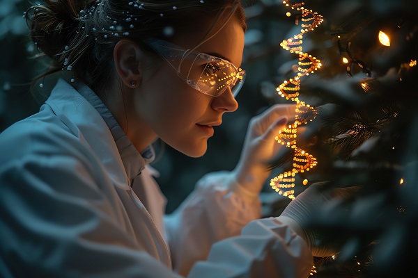 Jovem cinetista tocando estrutura de dna na análise genética. Ciência médica a favor da saúde.