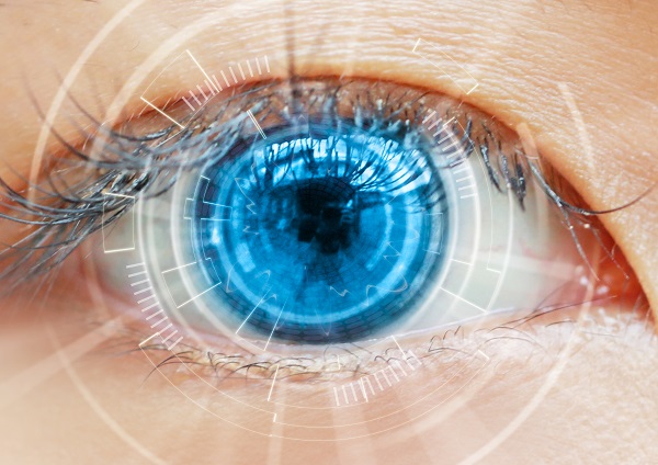 Close up de um olho azul rodeado de halos tridimensionais