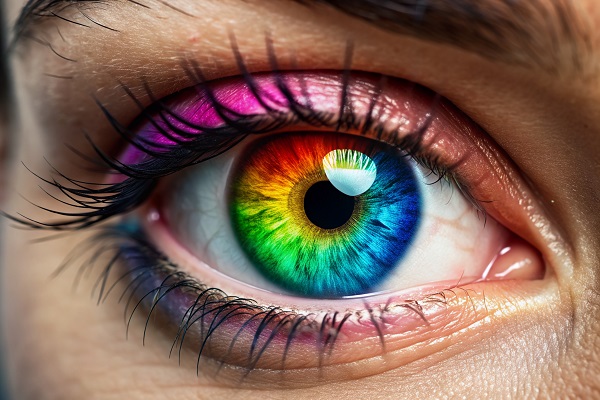 Close de olho humano com a iris colorida com as cores do arco-iris.