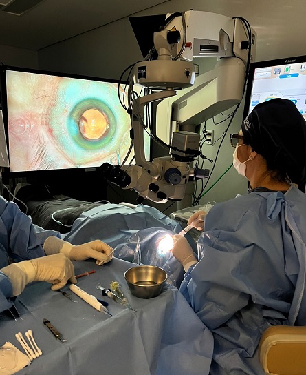Dra Terla Castro realizando uma cirurgia refrativa em bloco cirúrgico. com auxílio de uma assistente. Na sala, observa-se a presença de instrumentos cirúrgicos e uma tela 3D na qual está a imagem do olho sendo operado. 
