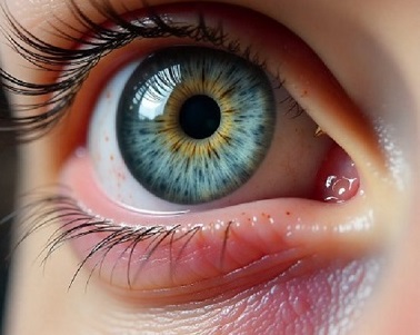 Herpes Zóster na pálpebra do olho de uma mulher.