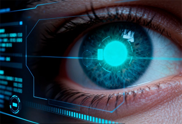 Olho humano com interface de realidade aumentada. Alusão aos exames para diagnóstico de catarata.