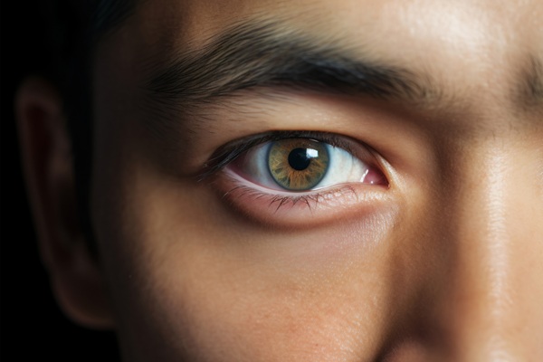 Close do olho de um homem de meia idade em visão frontal.